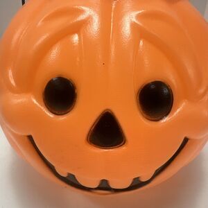 VTG Halloween Pumpkin Pail Jack-O-Lantern Blow Mold Candy Bucket w/ Handle 7.75"